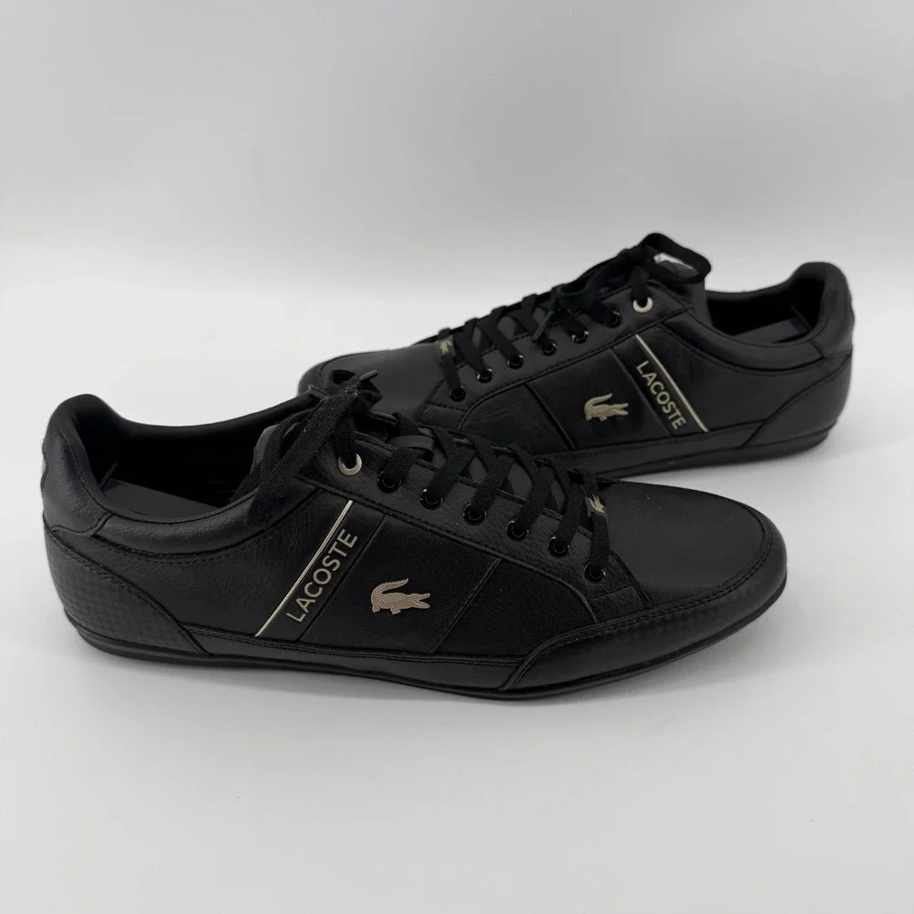 Lacoste Sneakers Mens 11.5 Black Chaymon 0721 3 CMA Leather Low Top Gold Logo